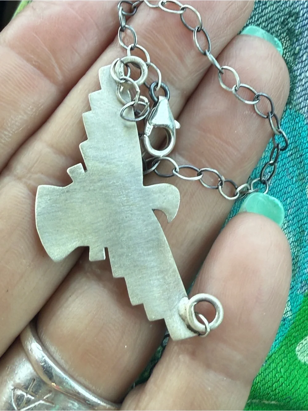 Southwestern Thunderbird Pendant Necklace with Green Stone Sterling 16 “